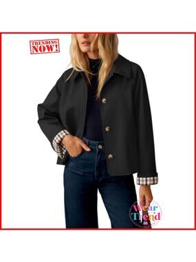 Cropped Trench Coat Plaid Button Front Lightweight Fall Jacket